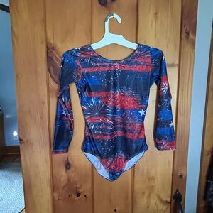 Girls patriotic long sleeve gymnastics leotard.